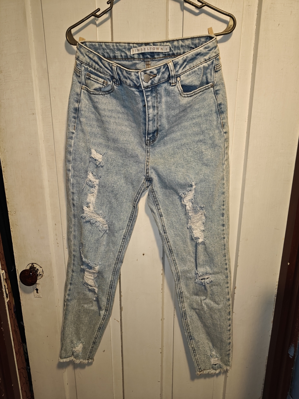 Tinseltown Women's Light Blue High-Rise Distressed Jeans
